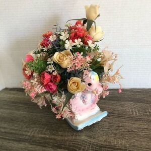 Vtg Inarco Pink Rocking Horse Planter with Faux Florals